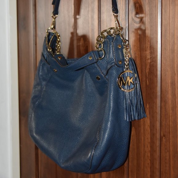 Michael KORS navy blue MEGAN Crossbody shoulder SLOUCH handbag LEATHER gold - Picture 1 of 15